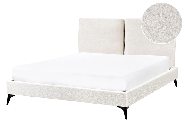EU Double Size Panel Bed Off White Boucle Fabric 4ft6 Slatted Base with Padded Headboard Upholstered Modern Design Beliani
