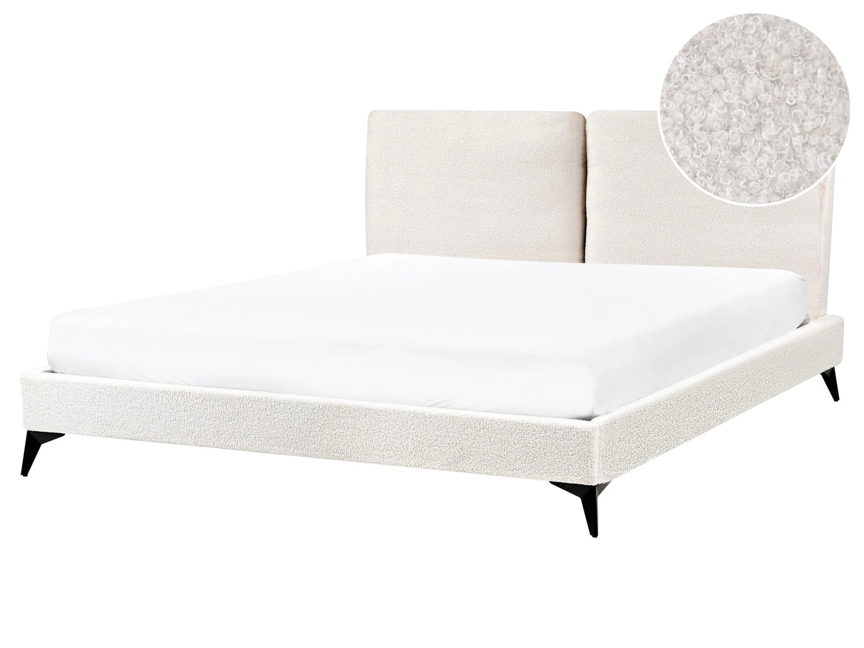 EU King Size Panel Bed Off White Boucle Fabric 5ft3 Slatted Base with Padded Headboard Upholstered Modern Design Beliani