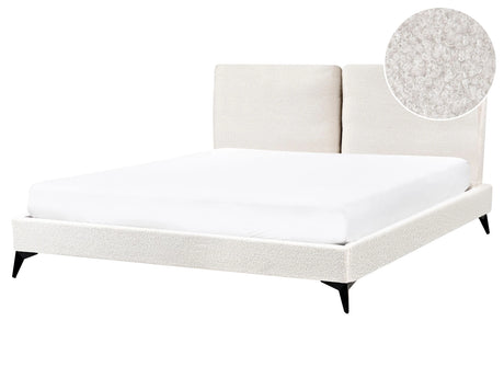 EU King Size Panel Bed Off White Boucle Fabric 5ft3 Slatted Base with Padded Headboard Upholstered Modern Design Beliani