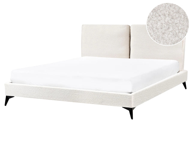 EU King Size Panel Bed Off White Boucle Fabric 5ft3 Slatted Base with Padded Headboard Upholstered Modern Design Beliani
