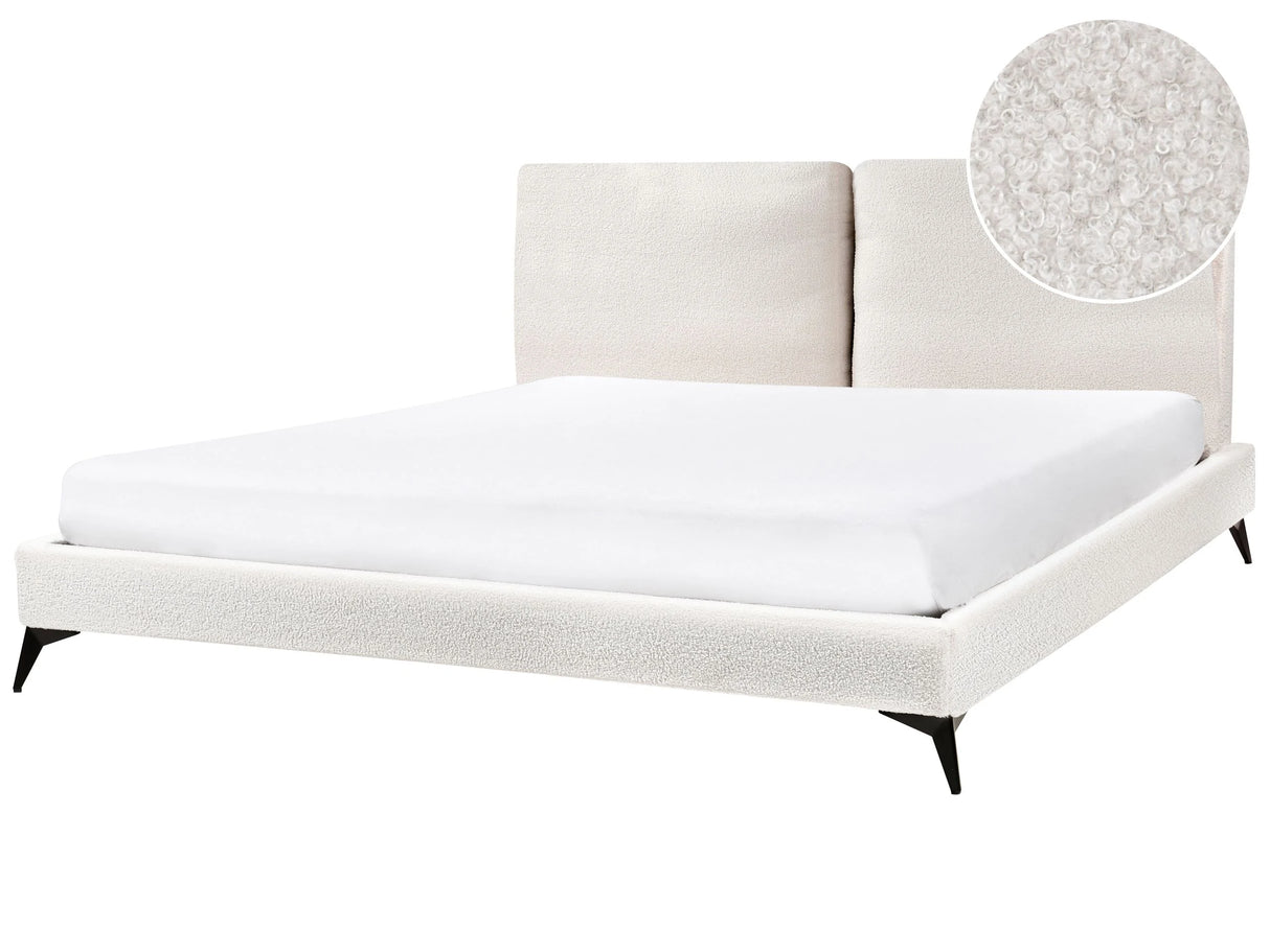 EU Super King Size Panel Bed Off White Boucle Fabric 6ft Slatted Base with Padded Headboard Upholstered Modern Design Beliani