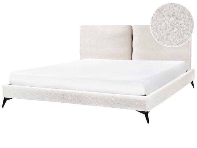 EU Super King Size Panel Bed Off White Boucle Fabric 6ft Slatted Base with Padded Headboard Upholstered Modern Design Beliani