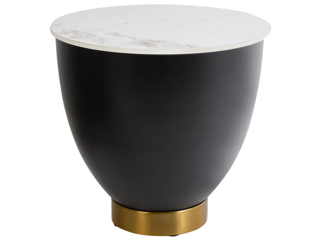 Side Table White Sintered Stone Top Black Metal Base  48 cm Natural Look Gold Accent with Storage Modern Design Living Room Beliani