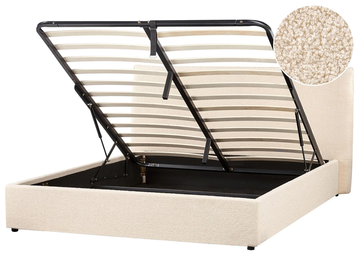 Ottoman Bed Beige Boucle Upholstery EU King Size 5ft3 Large Classic Headboard Storage Function Wooden Slats Beliani