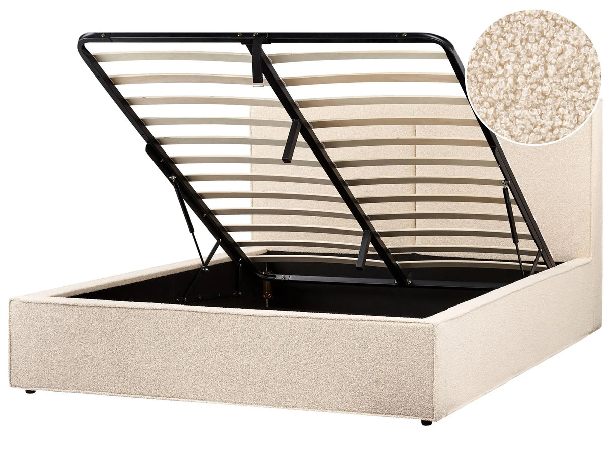EU King Size Panel Bed 5ft3 Beige Boucle Upholstery Storage Ottoman Slatted Frame Contemporary Modern Bedroom Beliani
