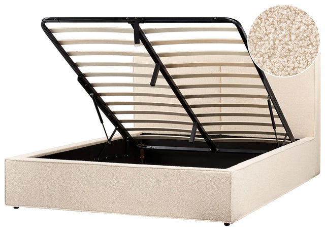 EU King Size Panel Bed 5ft3 Beige Boucle Upholstery Storage Ottoman Slatted Frame Contemporary Modern Bedroom Beliani