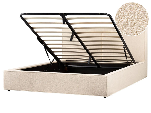 EU Super King Size Panel Bed 6ft Beige Boucle Upholstery Storage Ottoman Slatted Frame Contemporary Modern Bedroom Beliani