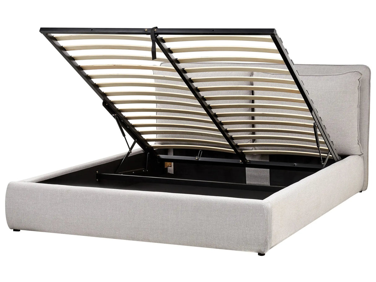 EU King Size Ottoman Bed Light Grey Fabric 5ft3 Upholstered Frame Cushion Back Storage Cosy Bedroom Modern Beliani
