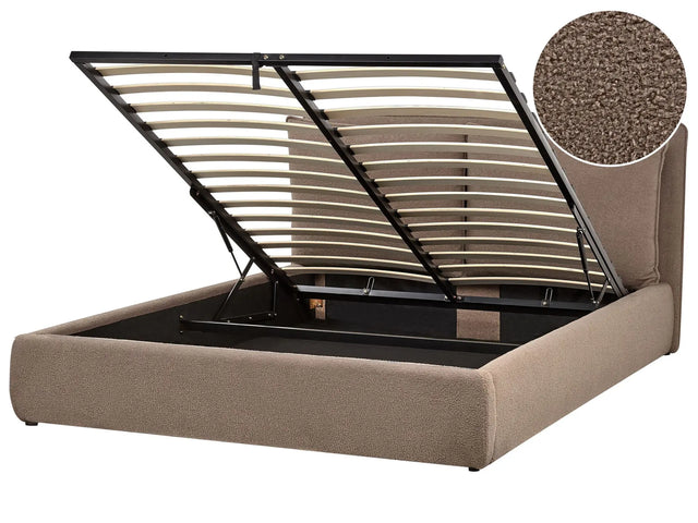 EU King Size Ottoman Bed Brown Boucle Fabric 5ft3 Upholstered Frame Cushion Back Storage Cosy Bedroom Modern Beliani