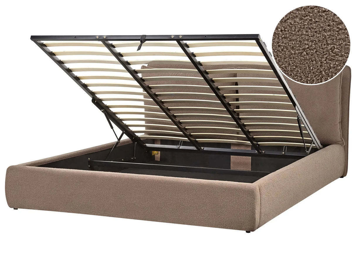 EU Super King Size Ottoman Bed Brown Boucle Fabric 6ft Upholstered Frame Cushion Back Storage Cosy Bedroom Modern Beliani