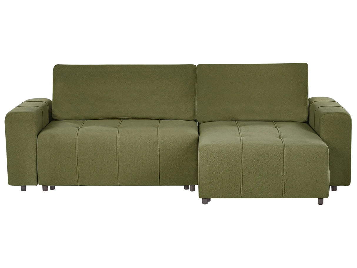 3 Corner Seater Sofa Bed Left Handed Green Fabric Upholstery with Storage Thickly Padded Modern Style Living Room Furniture Beliani