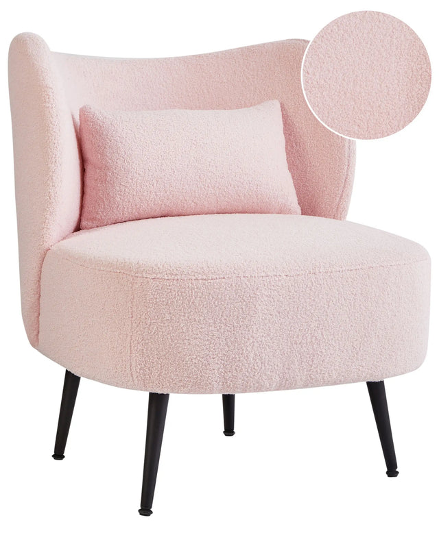 Armchair Pastel Pink Boucle Fabric Soft Nubby Light Wood Metal Legs Curved Backrest Retro Glam Art Decor Style Beliani