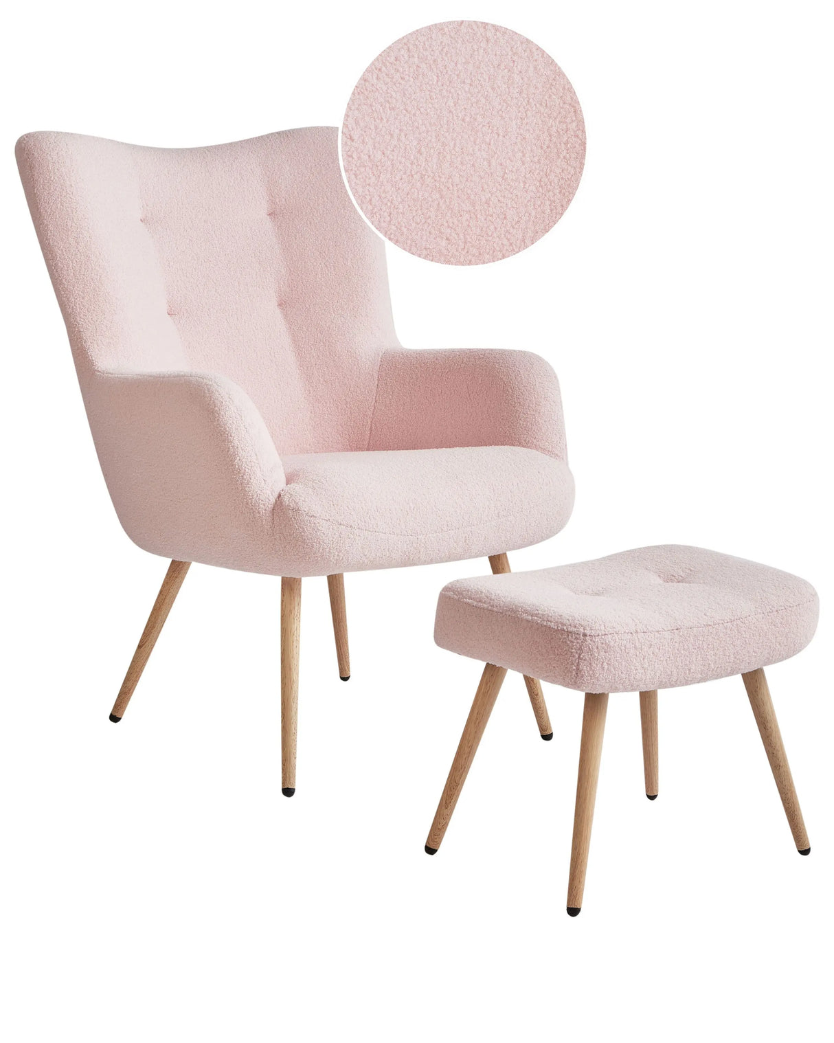 Wingback Chair with Ottoman Pastel Pink Boucle Fabric Buttoned Solid Pattern Retro Style Living Room Beliani