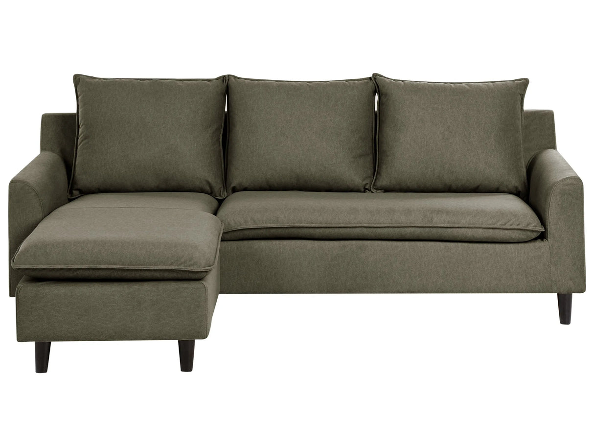 Corner Sofa Dark Green Fabric Upholstery Dark Wood Legs Right Hand Chaise Lounge Pillow Back Beliani