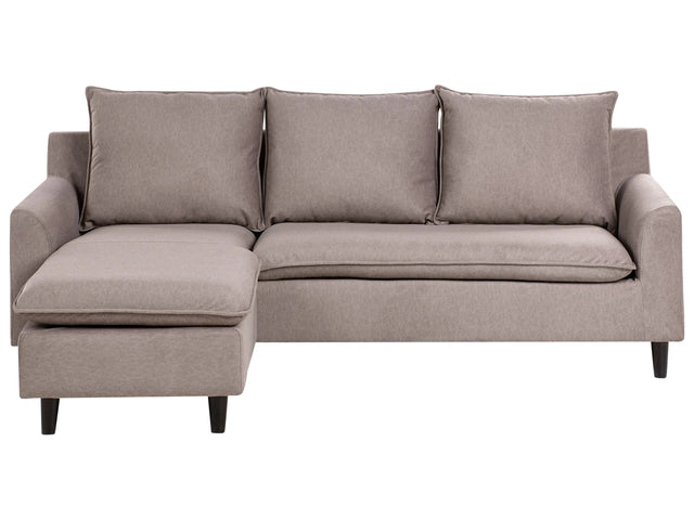 Corner Sofa Taupe Fabric Upholstery Dark Wood Legs Right Hand Chaise Lounge Pillow Back Beliani