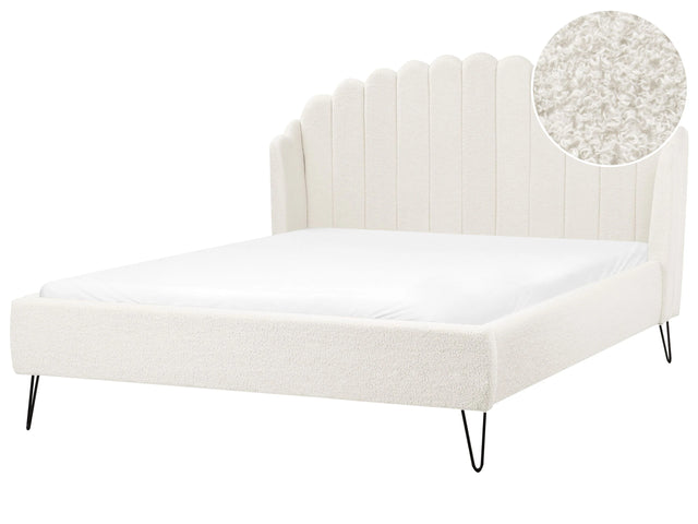 Bed Frame Off White Boucle Upholstery EU Double Size 4ft6 Metal Legs Retro Design Chanell Shell Headboard Beliani