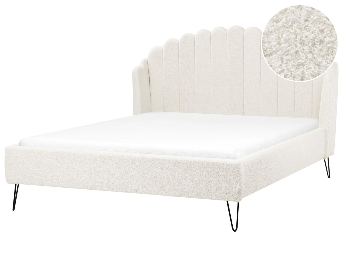 Bed Frame Off-White Boucle Upholstery EU King Size 5ft3 Metal Legs Retro Design Chanell Shell Headboard Beliani