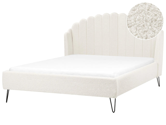 Bed Frame Off-White Boucle Upholstery EU King Size 5ft3 Metal Legs Retro Design Chanell Shell Headboard Beliani