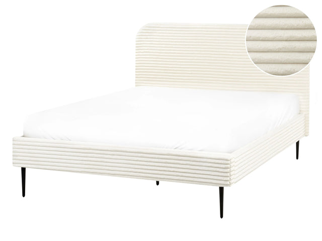 Bed Frame Off-White Corduroy Jumbo Cord EU Double Size Bed 4.6ft Upholstered Frame Wide Ridges Beliani