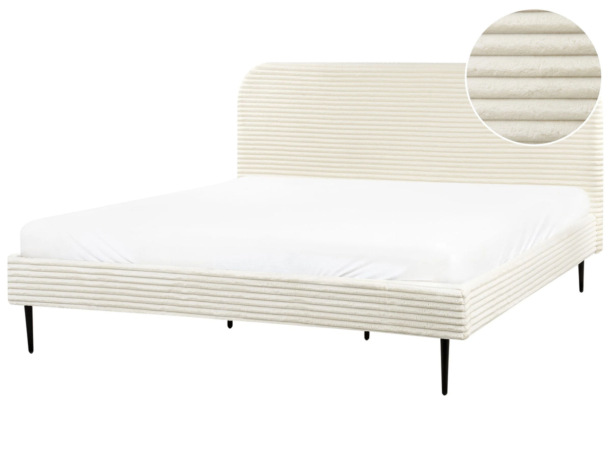 Bed Frame Off-White Corduroy Jumbo Cord EU Super King Size Bed 6ft Upholstered Frame Wide Ridges Beliani