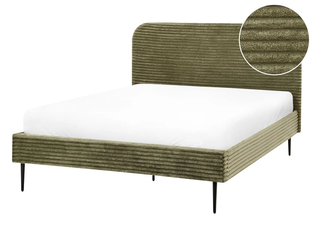 Bed Frame Green Corduroy Jumbo Cord EU Double Size Bed 4.6ft  Upholstered Frame Wide Ridges Beliani