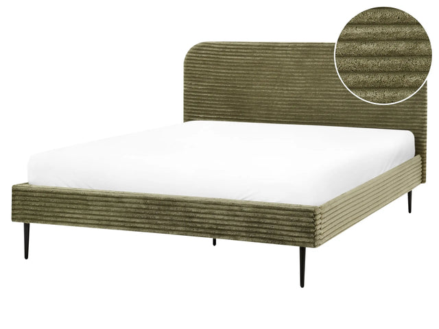 Bed Frame Green Corduroy Jumbo Cord EU King Size Bed 5ft3   Upholstered Frame Wide Ridges Beliani