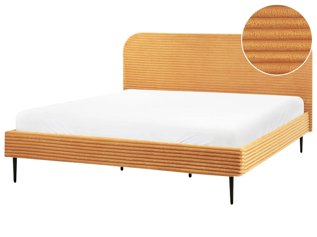 Bed Frame Orange Corduroy Jumbo Cord EU Super King Size Bed 6ft Upholstered Frame Wide Ridges Beliani