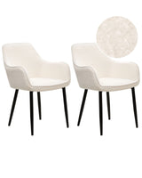 Set of 2 Dining Chairs White Boucle Upholstery with Armrests Black Metal Legs Modern Design Beliani