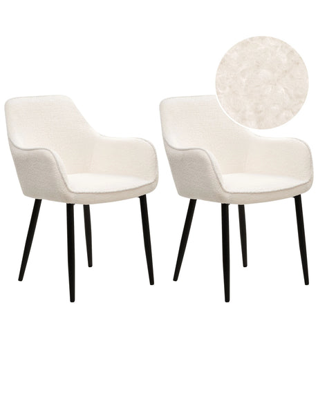 Set of 2 Dining Chairs White Boucle Upholstery with Armrests Black Metal Legs Modern Design Beliani