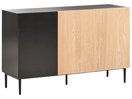 3 Door Sideboard Black MDF Light Wood Ribbed Front Living Room Modern Beliani