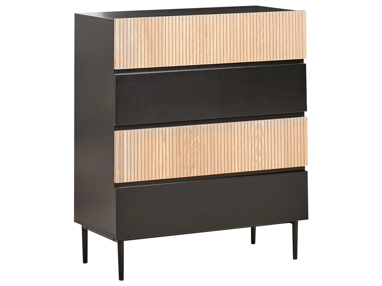 4 Drawer Chest Black MDF Natural Ash Wood Ribbed Front Living Room Bedroom Modern Storage Beliani