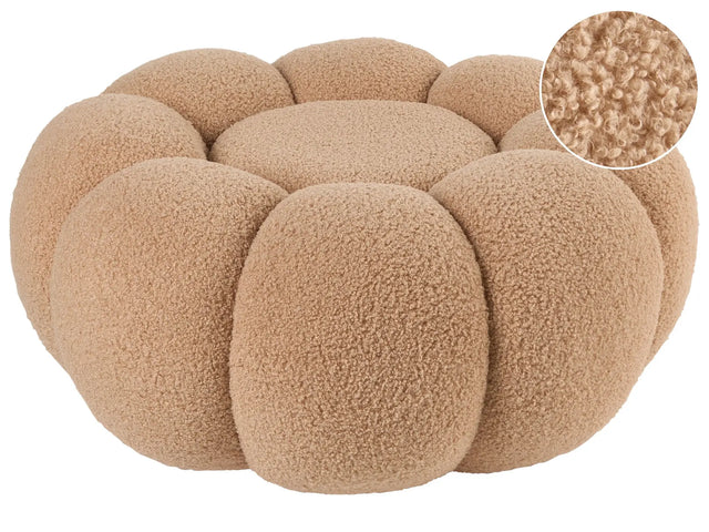 Pouffe Light Brown Boucle Round 60 x 60 x 27 cm Footstool Accent Upholstery Modern Living Room Bedroom Furniture Beliani