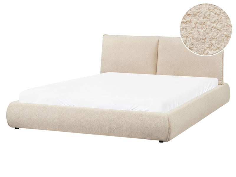 EU King Size Waterbed Beige Boucle Upholstery 5ft3 Base with Thick Padded Headboard Footboard Modern Style Bedroom Beliani