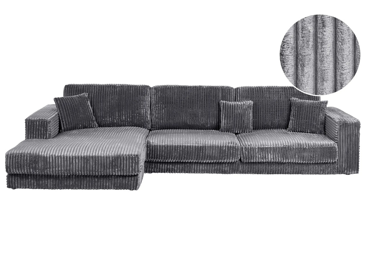 Right Hand 4 Seater Corner Sofa Dark Grey Jumbo Corduroy Upholstered Track Armrests Additional Cushions Minimalistic Modern Style Beliani