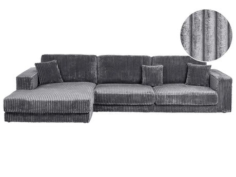 Right Hand 4 Seater Corner Sofa Dark Grey Jumbo Corduroy Upholstered Track Armrests Additional Cushions Minimalistic Modern Style Beliani