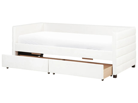 Daybed Off-White Velvet EU Single Size 90 x 200 cm With Slatted Frame and Drawers Beliani