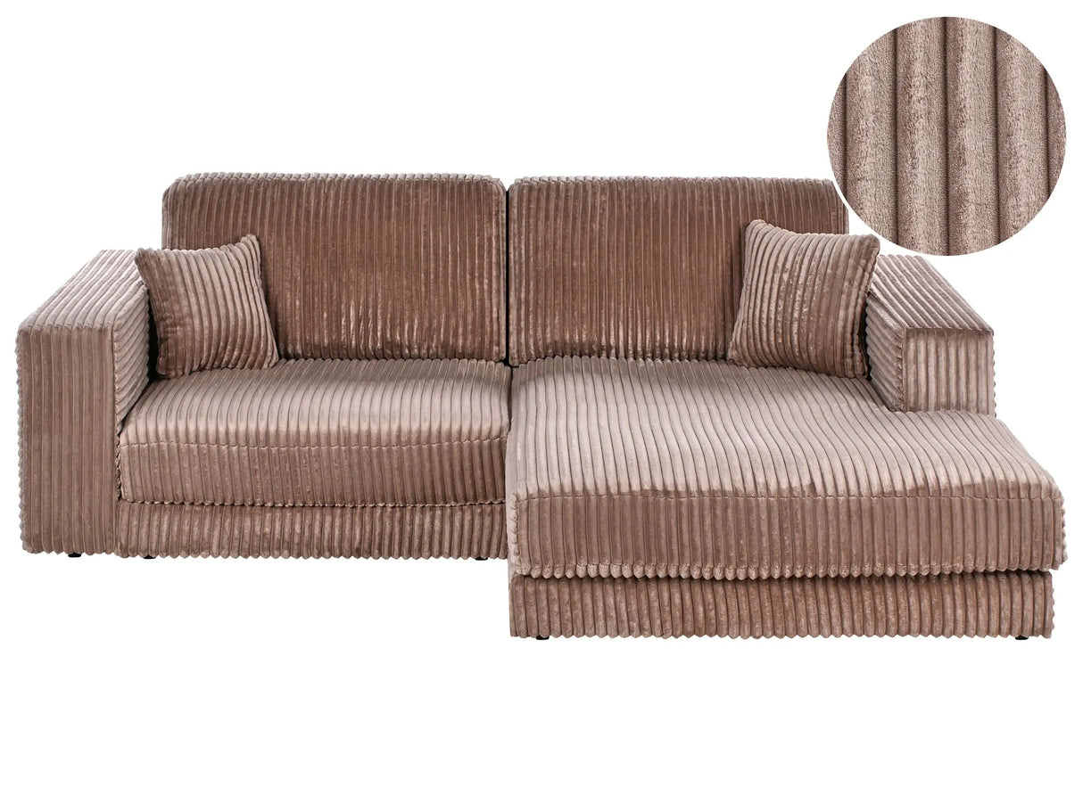 Left Hand 3 Seater Corner Sofa Light Brown Corduroy Upholstered Track Armrests Additional Cushions Minimalistic Modern Style Beliani