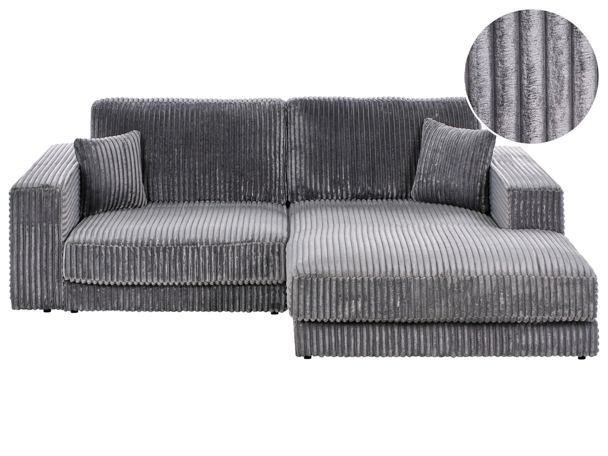 Left Hand 3 Seater Corner Sofa Dark Grey Corduroy Upholstered Track Armrests Additional Cushions Minimalistic Modern Style Beliani