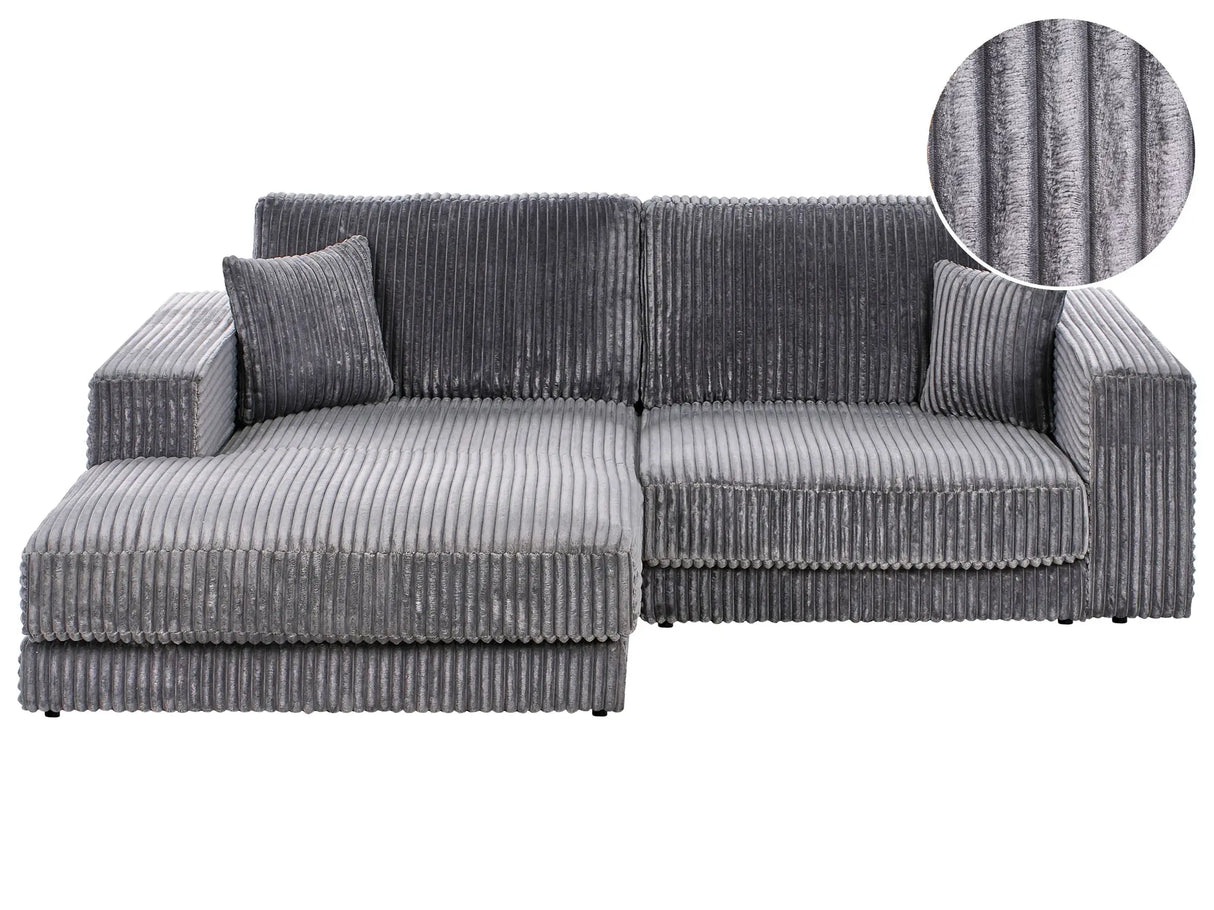 Right Hand 3 Seater Corner Sofa Grey Corduroy Upholstered Track Armrests Additional Cushions Minimalistic Modern Style Beliani
