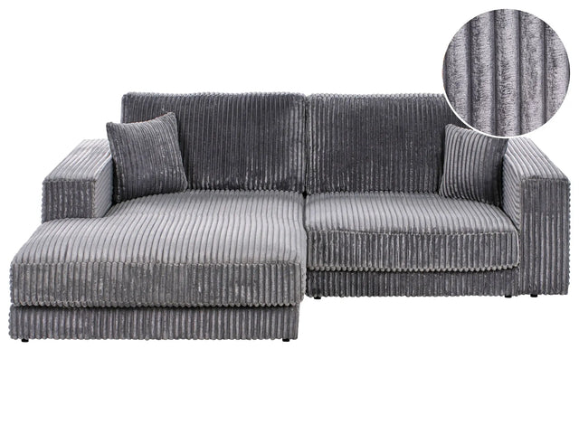 Right Hand 3 Seater Corner Sofa Grey Corduroy Upholstered Track Armrests Additional Cushions Minimalistic Modern Style Beliani