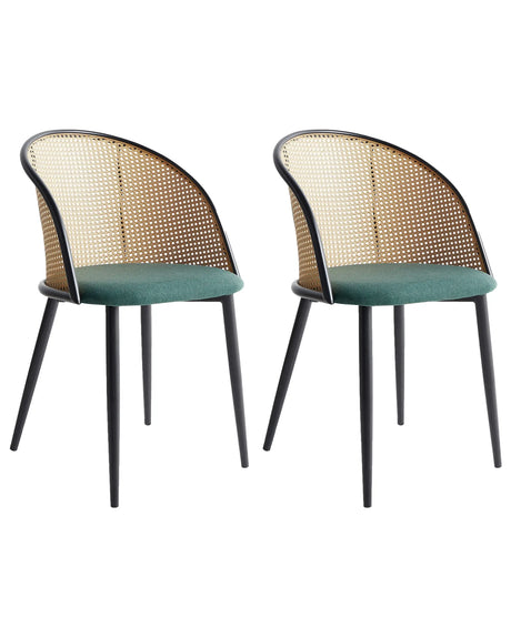 Set of 2 Accent Dining Chairs Black Metal Effect Frame Green Fabric Seat Viennese Braid Backrest Retro Seating Beliani