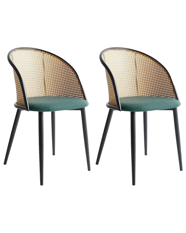 Set of 2 Accent Dining Chairs Black Metal Effect Frame Green Fabric Seat Viennese Braid Backrest Retro Seating Beliani
