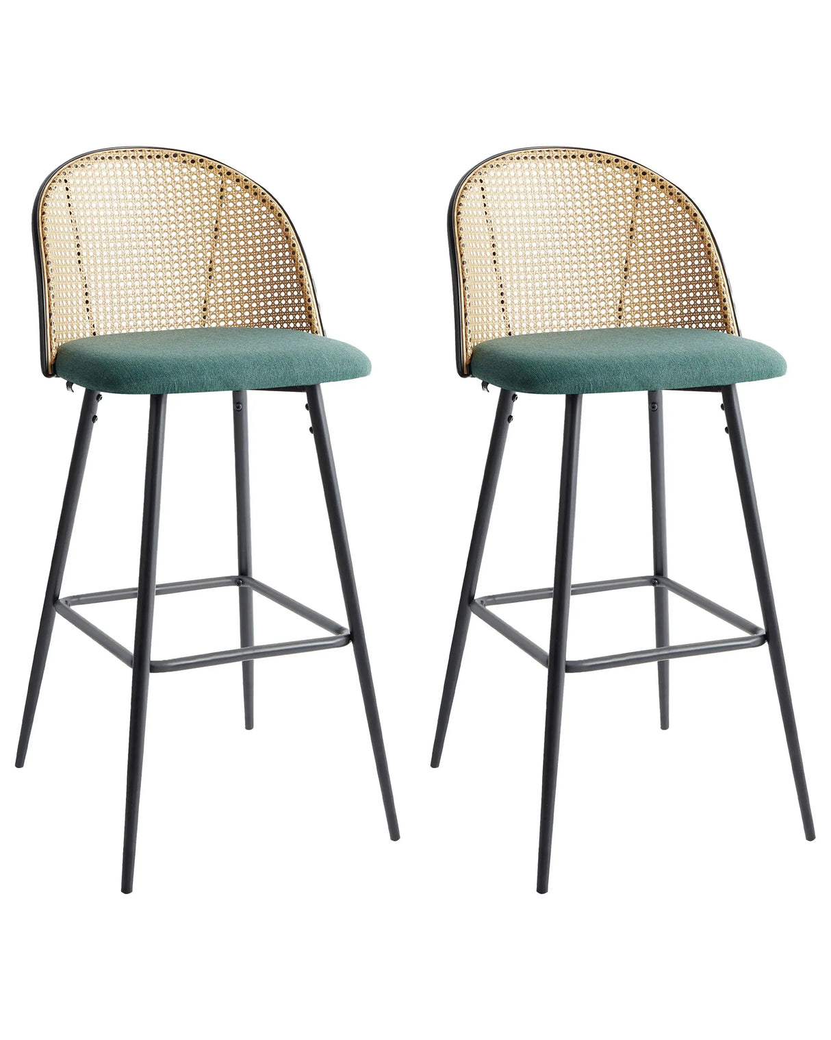 Set of 2 Bar Chairs Green Fabric Seat Metal Black Frame Viennese Braid Backrest Retro Seating Beliani