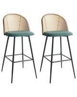 Set of 2 Bar Chairs Green Fabric Seat Metal Black Frame Viennese Braid Backrest Retro Seating Beliani