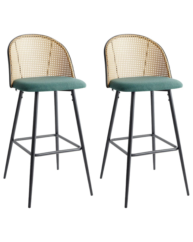 Set of 2 Bar Chairs Green Fabric Seat Metal Black Frame Viennese Braid Backrest Retro Seating Beliani