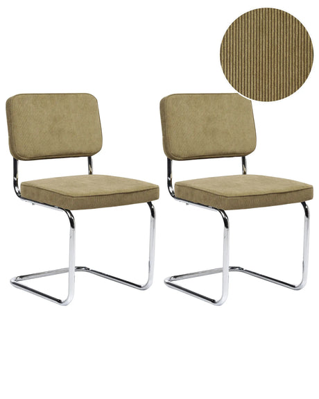 Set of 2 Dining Chairs Olive Green Corduroy Upholstery Iron Legs Retro Style Beliani