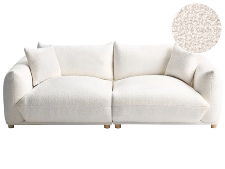 Boucle Sofa Off-White Polyester Upholstery 3 Seater with Scatter Cushions Living Room Settee Beliani