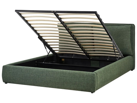 EU King Size Ottoman Bed Dark Green Fabric 5ft3 Upholstered Frame Cushion Back Storage Cosy Bedroom Modern Beliani