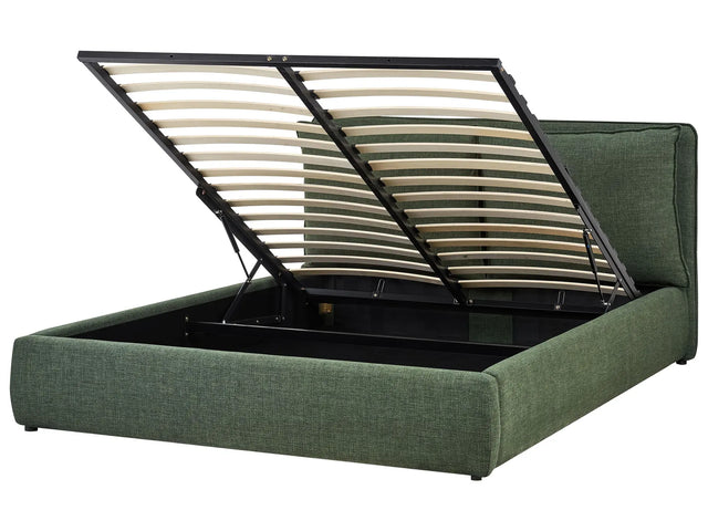 EU King Size Ottoman Bed Dark Green Fabric 5ft3 Upholstered Frame Cushion Back Storage Cosy Bedroom Modern Beliani