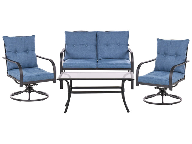Steel Garden Seat 2 Seater Sofa with Armchairs Black Metal Frame Blue Fabric Cushions Beliani
